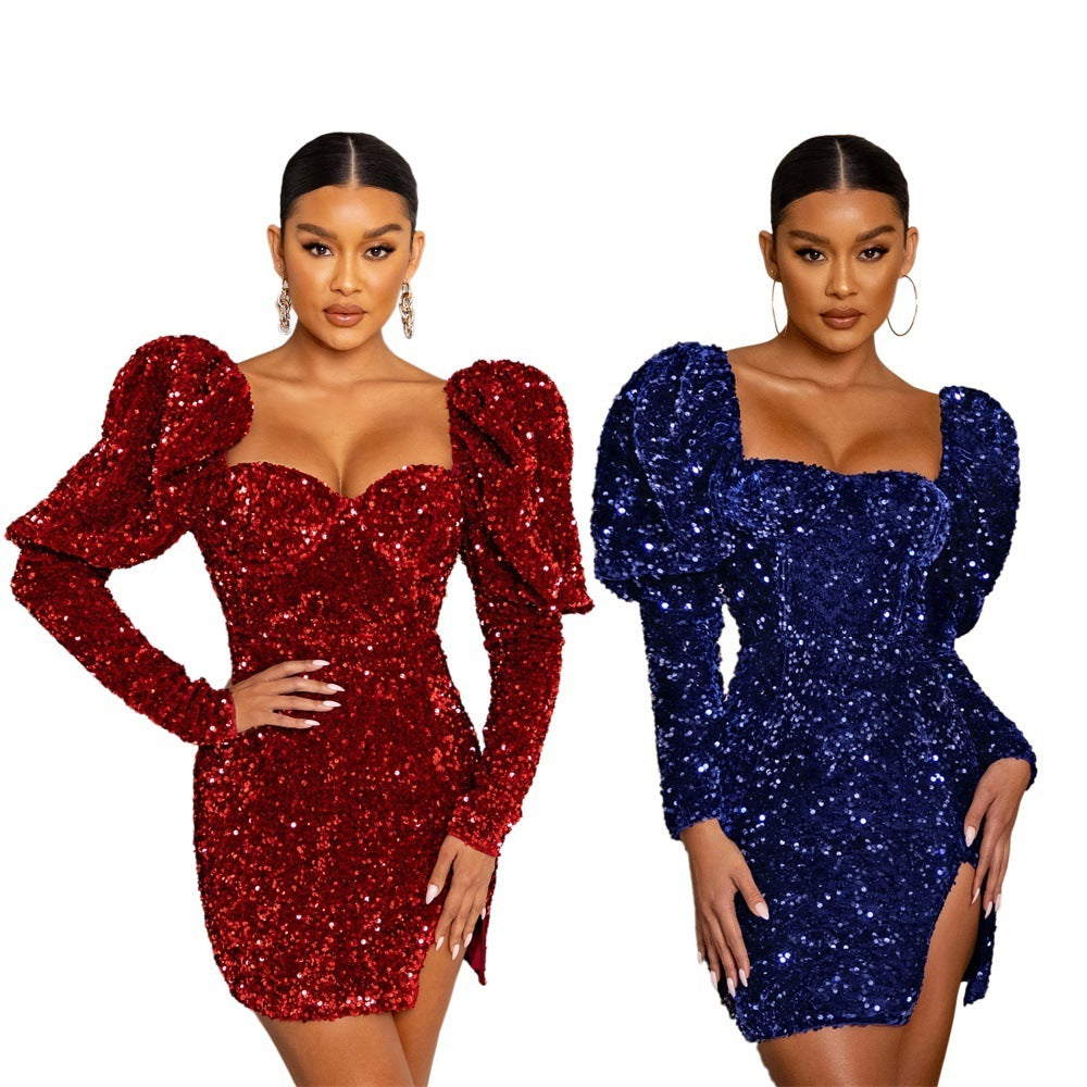 Sequin Backless Party Dress | Elegant Bubble Sleeve Dress for Women