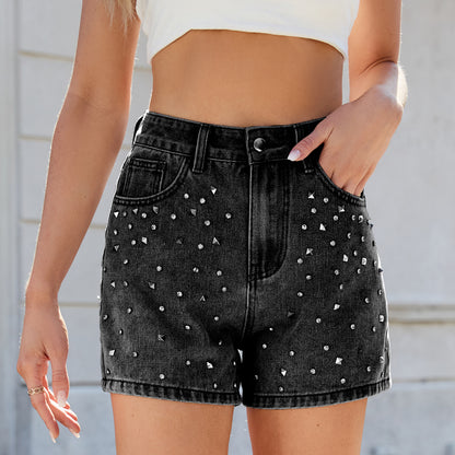 Beaded Washed Denim Slim Shorts Women – Chic Summer Streetwear Outfit