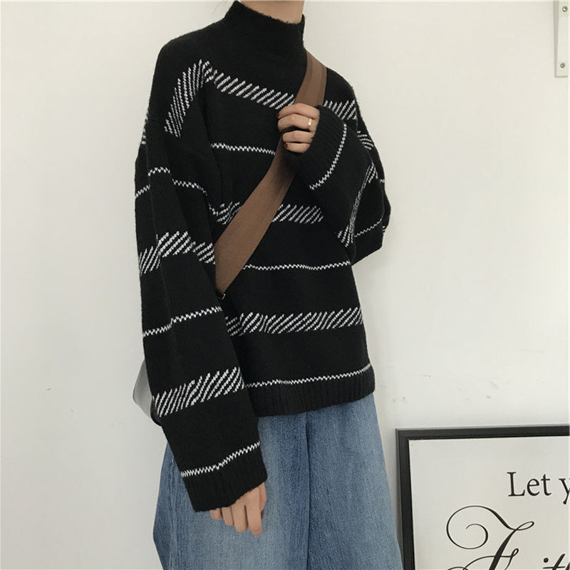 Women’s Retro Striped Turtleneck Sweater – Classic Knit Pullover