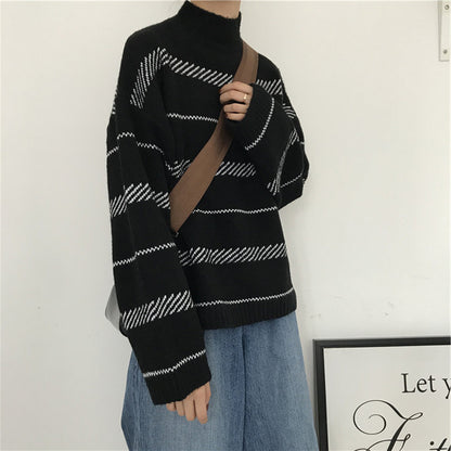 Women’s Retro Striped Turtleneck Sweater – Classic Knit Pullover