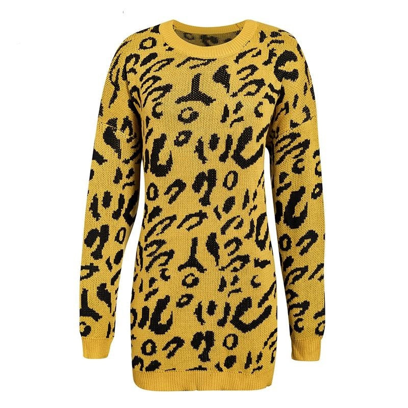 Knitted Long Sleeve Pullover Women's Loose Leopard Print Oversized Sweaters