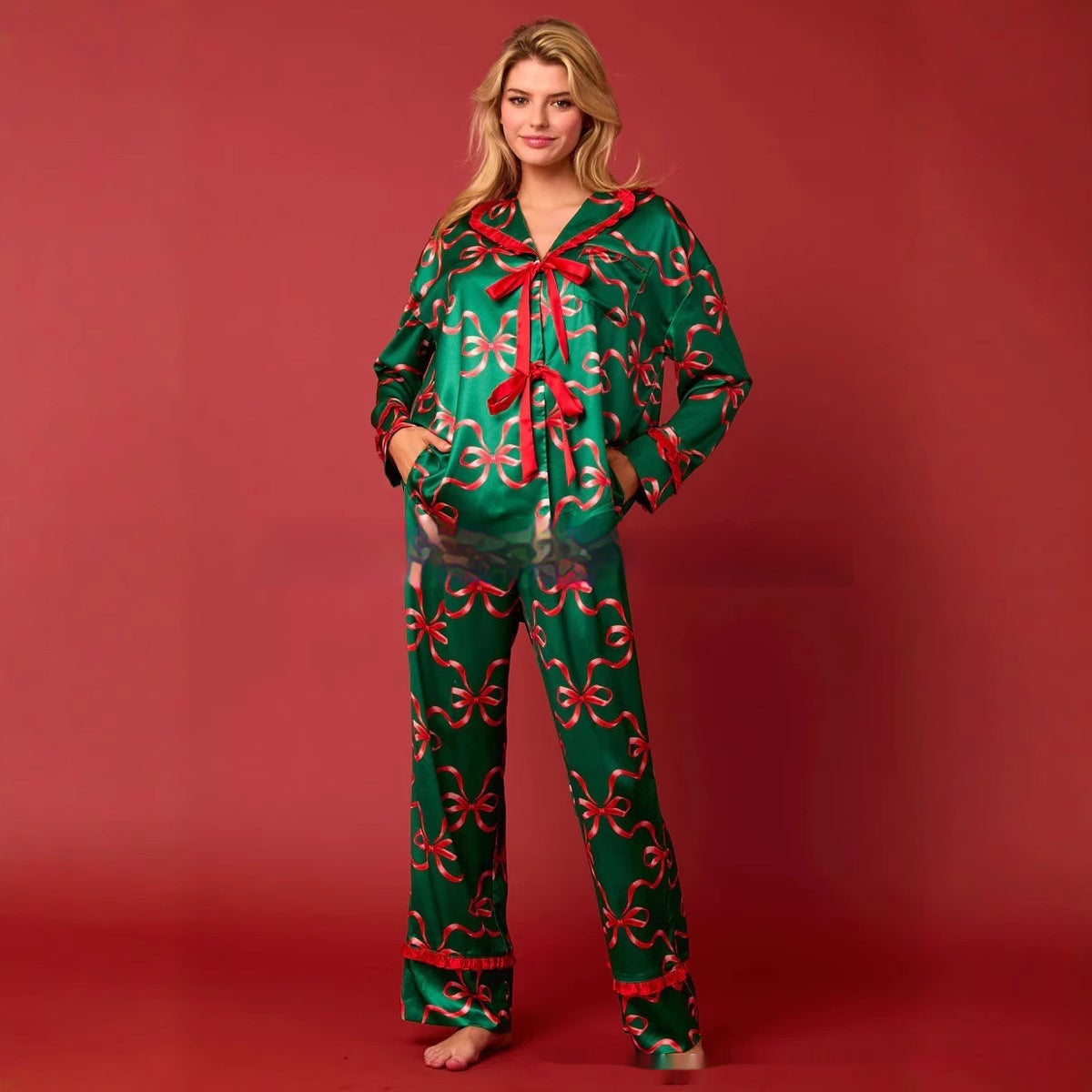 Hirigin Christmas Women S Striped Pajama Set Long Sleeve Satin Shirt Elastic Wide Loose Pants 2 Piece Lounge Sleepwear