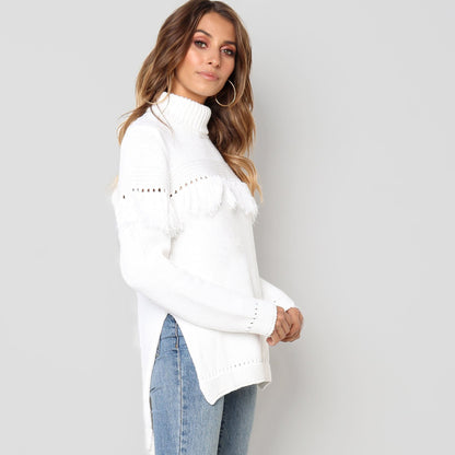 Women’s Turtleneck Tassel Sweater – Mid-Length Knitted Pullover