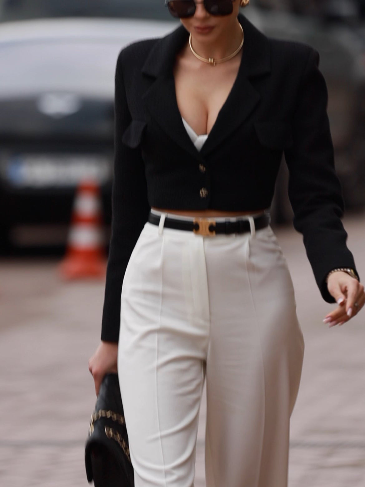 Women Tweed Cropped Black Blazer Coat Short Set