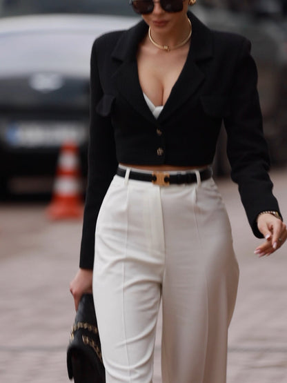 Women Tweed Cropped Black Blazer Coat Short Set