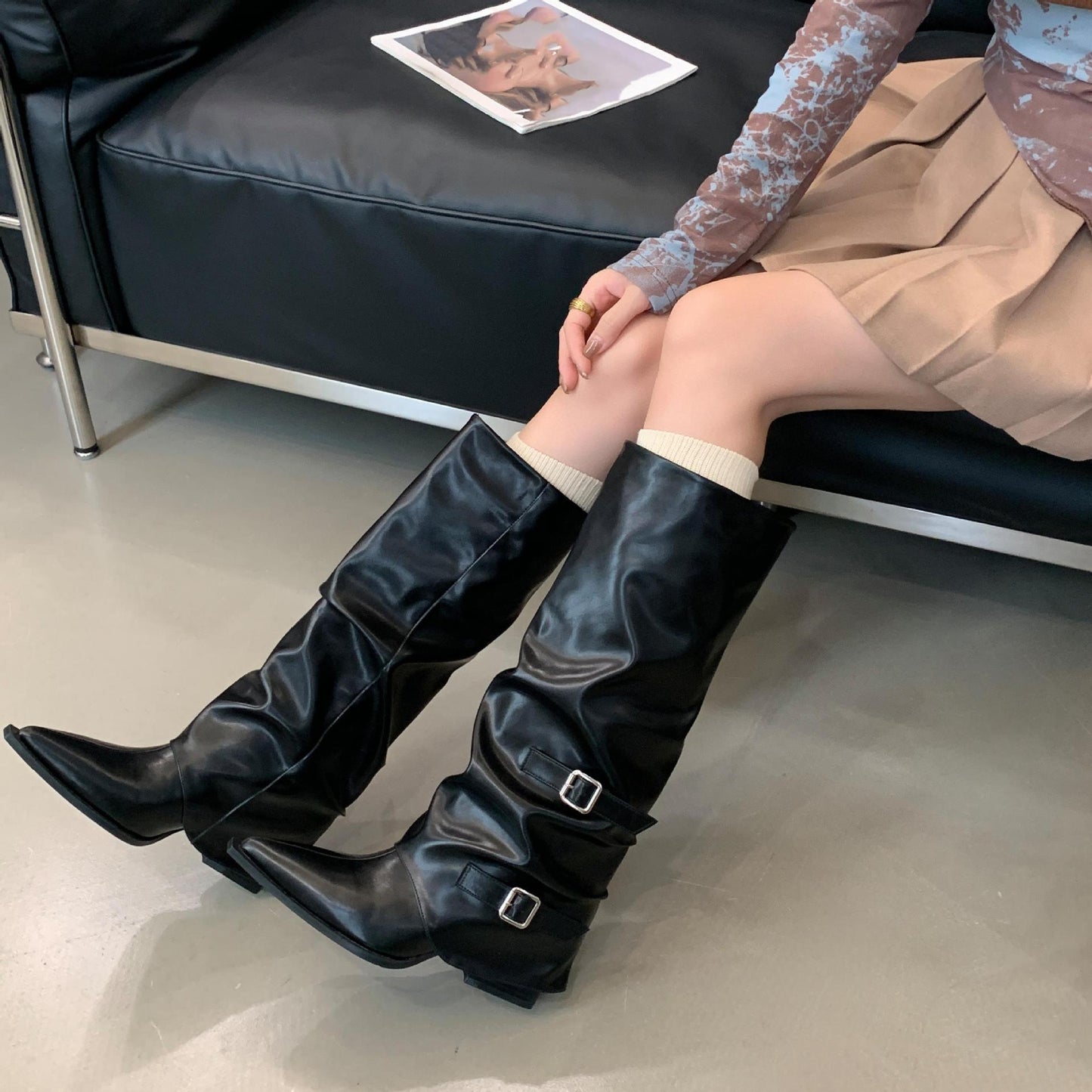 Buckle Design Square Mid Heel Women Knee High Boots