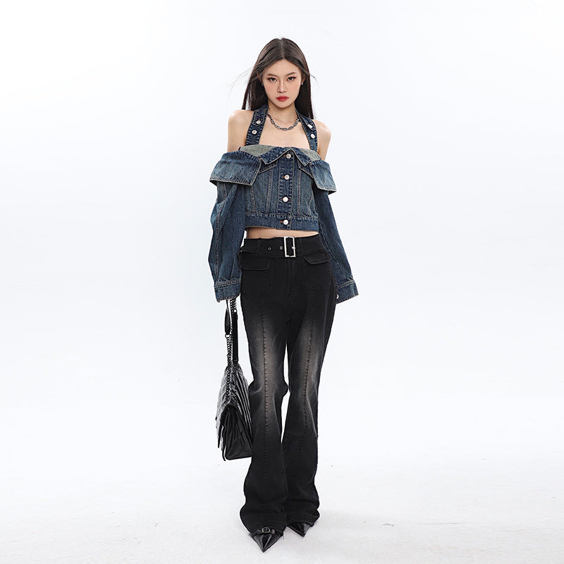 Open Shoulder Irregular Style Crop Denim Coat For Women