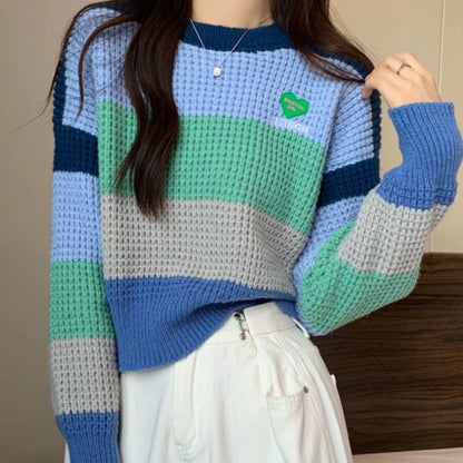 Bold Rainbow Stripe Color Block Knit Pullover Sweater