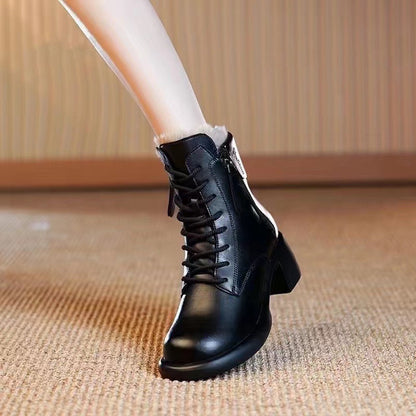 Thick-Bottom Ankle Boots for Women | Chunky Heel PU Leather Round Toe Boots