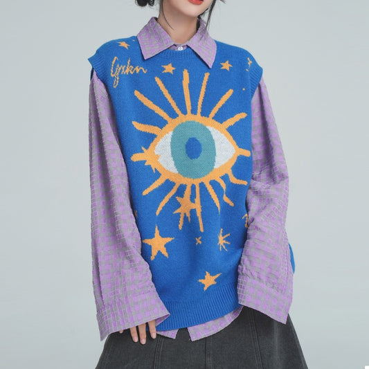 Knitted Sweater Vest for Women – Loose Fit Printed Knitwear in Blue & Purple