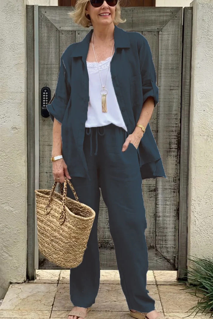 Solid Color Shirt & Trouser Two-Piece Outfit Set | Casual Style 2025 Aesthetic