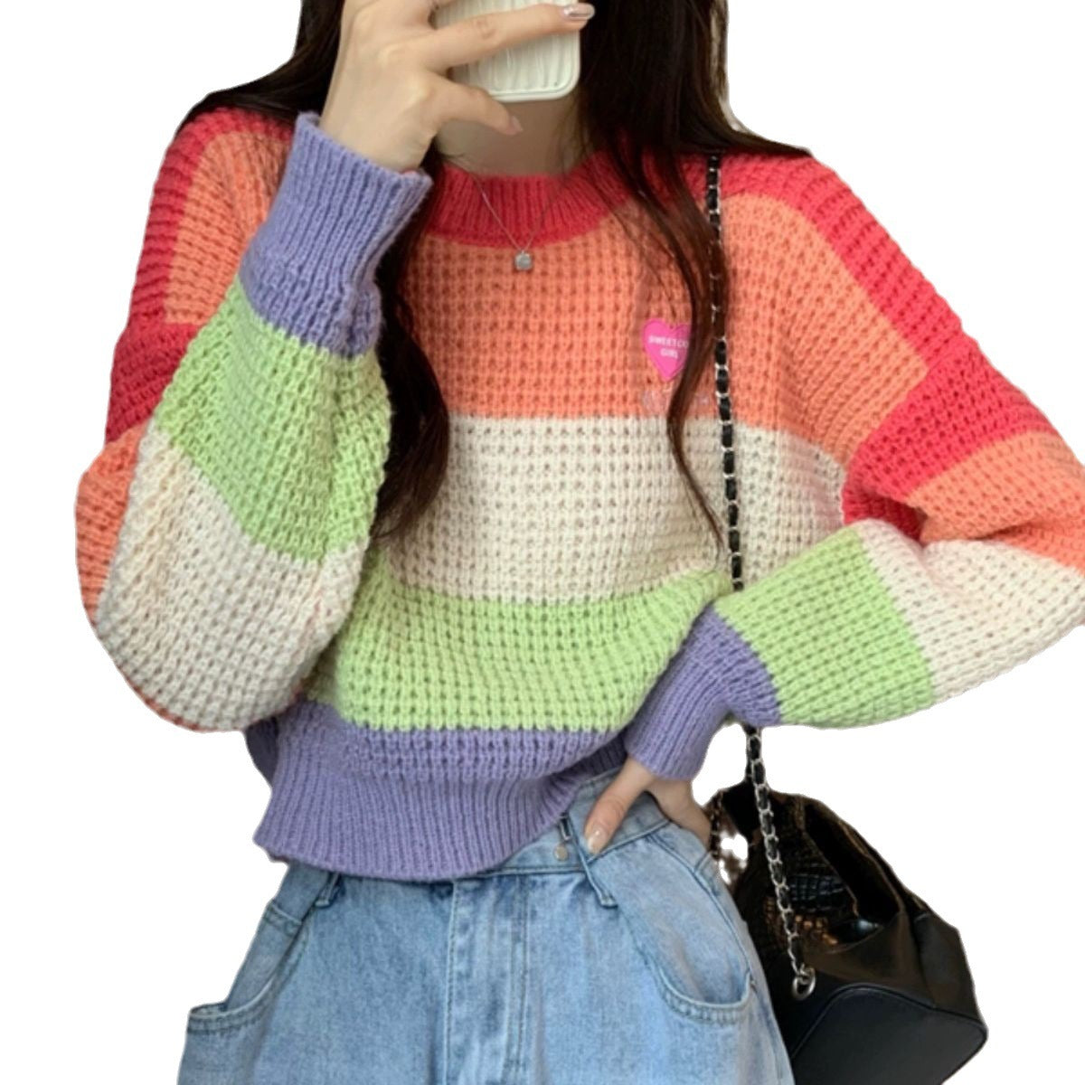 Bold Rainbow Stripe Color Block Knit Pullover Sweater