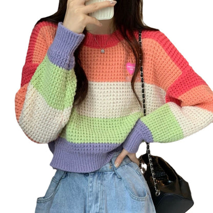 Bold Rainbow Stripe Color Block Knit Pullover Sweater