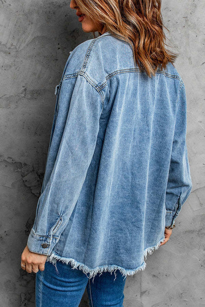 High Street Style Woman Casual Blue Cropped Denim Jacket