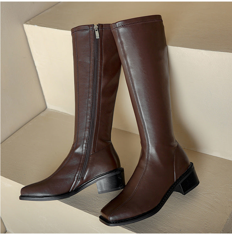 Vintage Knee-High Boots for Women | Thick-Heeled Knight Boots with Side Zipper