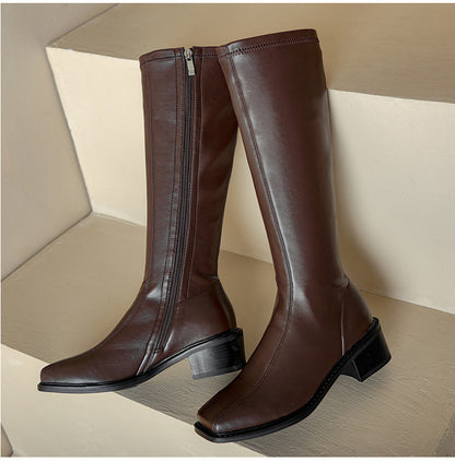 Vintage Knee-High Boots for Women | Thick-Heeled Knight Boots with Side Zipper