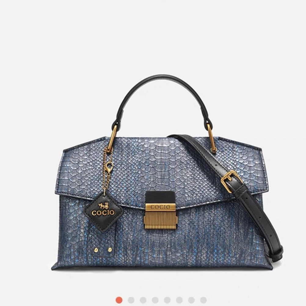 Trendy Blue Handbag Snake Pattern Composite Cowhide Leather