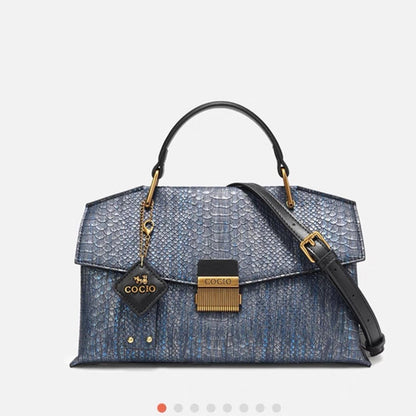 Trendy Blue Handbag Snake Pattern Composite Cowhide Leather