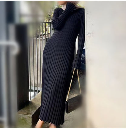 Elegant Knitted A-Line Dress – Chic V-Neck & Round Neck Casual Midi