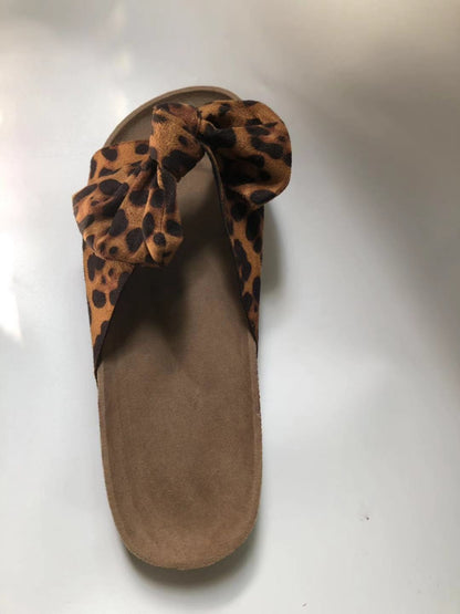 Big Ribbon Design Leopard Print Flat Slippers For Summer