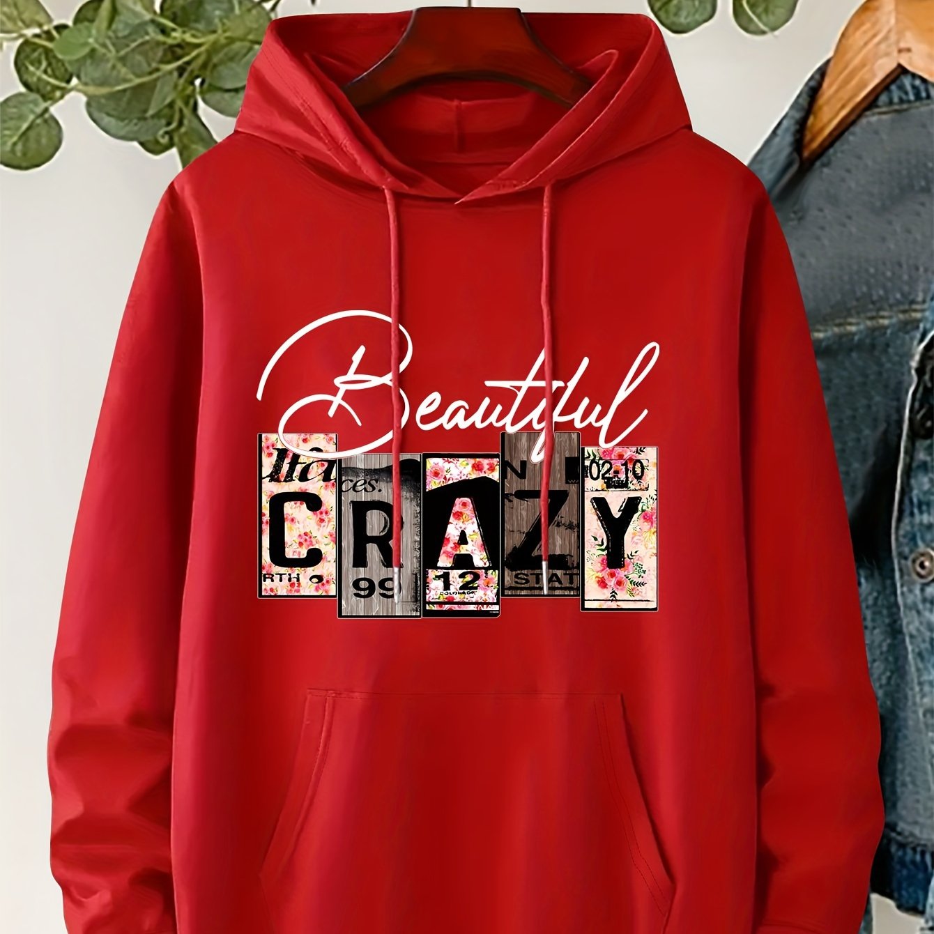 Plus Size CRAZY Print Hoodie – Women’s Casual Pullover Sweatshirt with Kangaroo Pocket for Fall/Winter