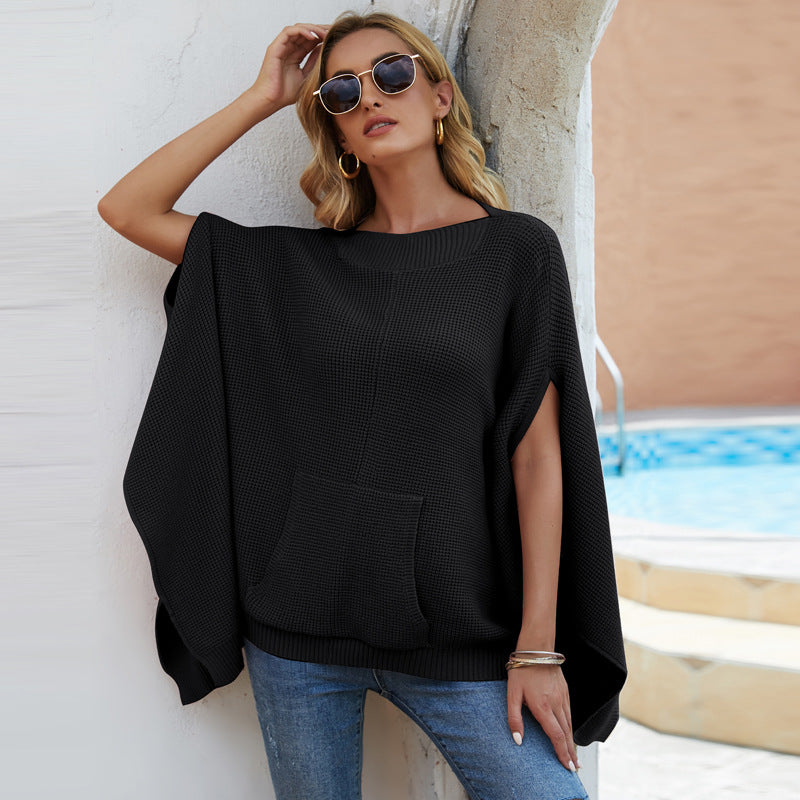 2025 Autumn Winter Women S Shawl Cape Sweater Oversized Turtleneck Solid Color Poncho With Bat Sleeves Knitted Pullover Coat