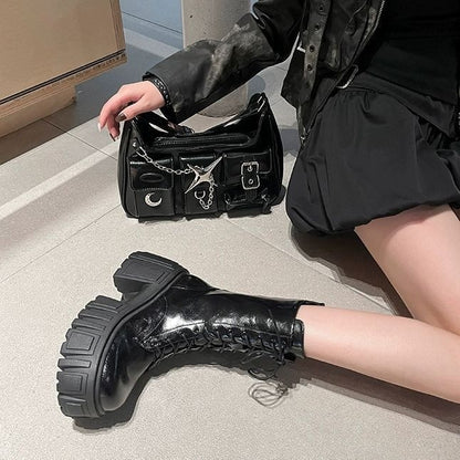 Womens Black Leather Mid Calf Boots