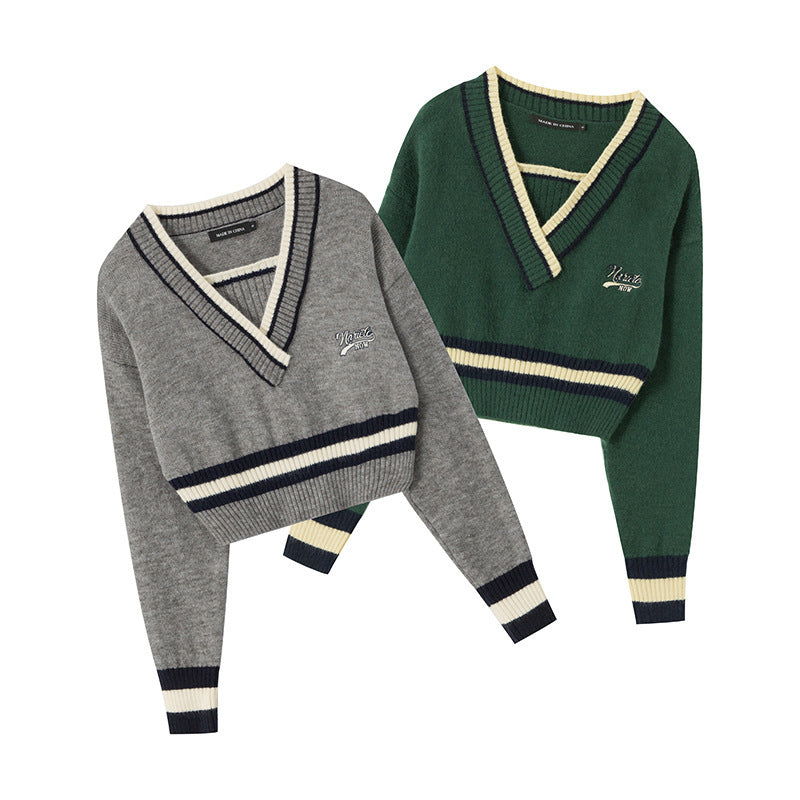 Two-Tone V-Neck Sweater for Women – Cute Oversized Pullover with Embroidery