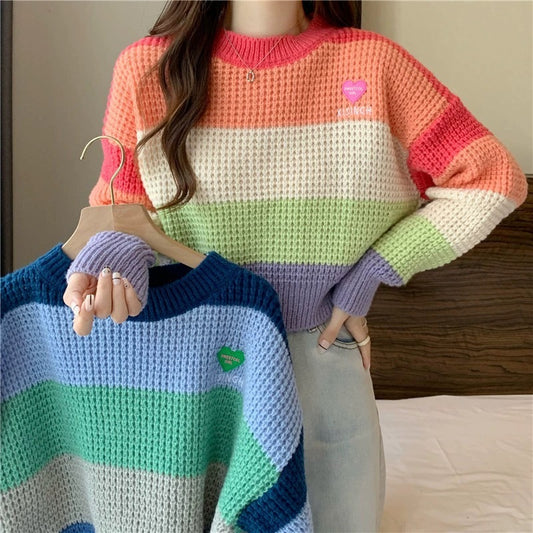 Bold Rainbow Stripe Color Block Knit Pullover Sweater