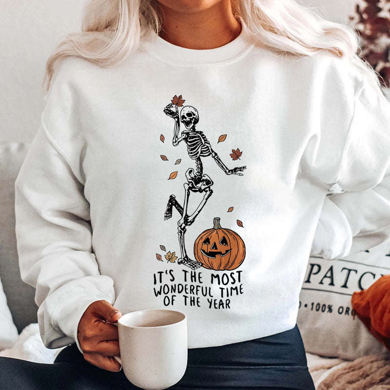 Halloween Skeleton Pumpkin Sweatshirt – Casual Loose Printed Pullover for Women