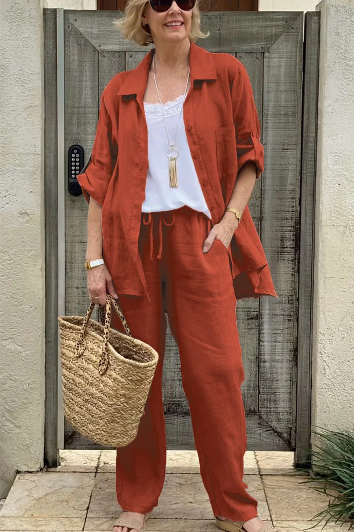 Solid Color Shirt & Trouser Two-Piece Outfit Set | Casual Style 2025 Aesthetic