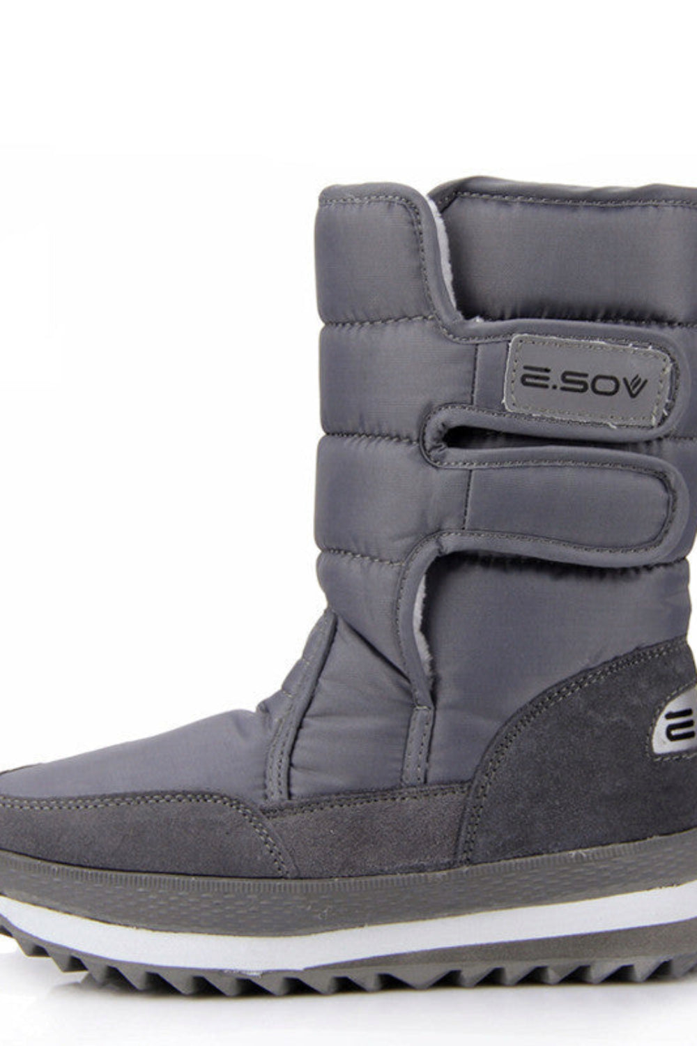 Gray winter boot with brand logo on a white background