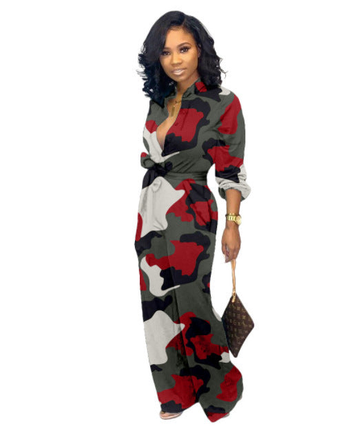 Womens Camouflage Long Sleeve Wide Leg Autumn Jumpsuit Rompers