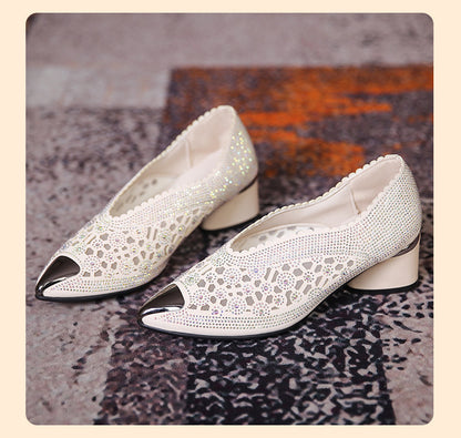 Hollow Mesh Hot Drilling Pumps | Rhinestone Pointed-Toe Sandals for Women