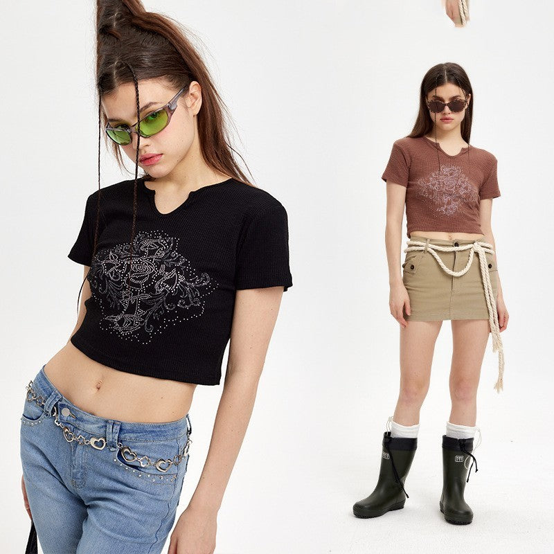 Black Rhinestone Graphic Crop Top - Effortless Styling Look