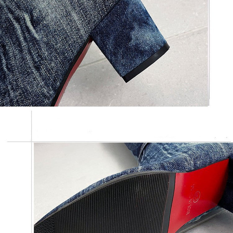 New High Heel Denim Women Knee High Boots