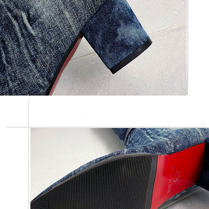 New High Heel Denim Women Knee High Boots
