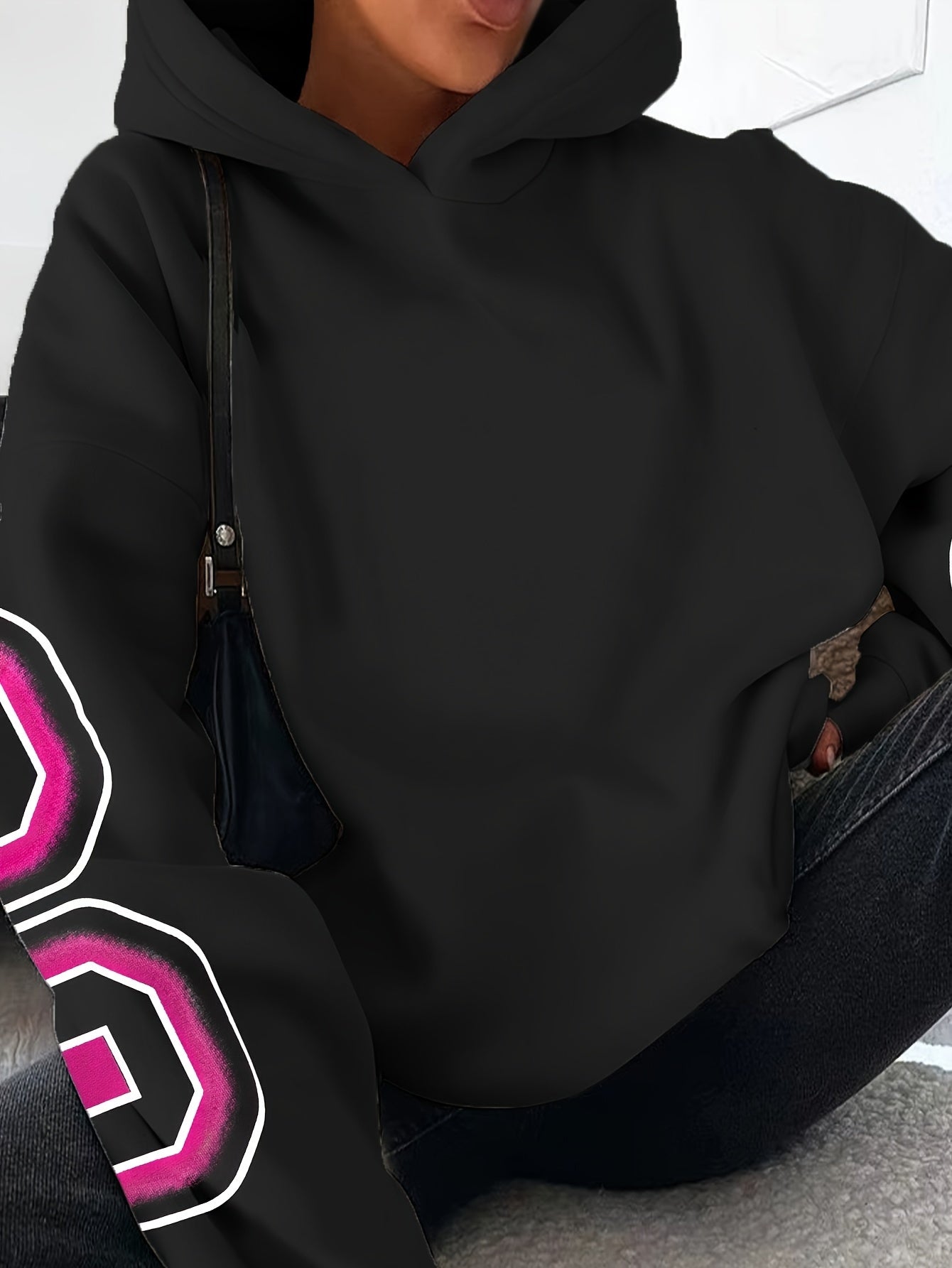 Spechir Women’s Black Hoodie – Pink & White Letter Graphic Pullover for Spring & Fall