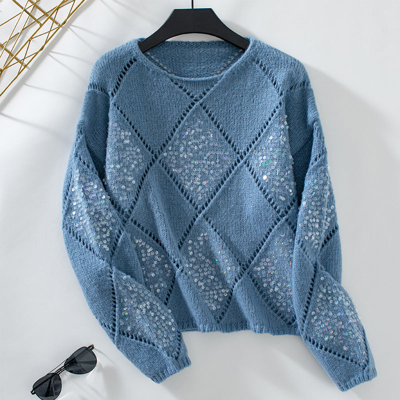 Trendy Hollowed-out Sequined Rhombus Pullover – Loose Fit Sweater for Women