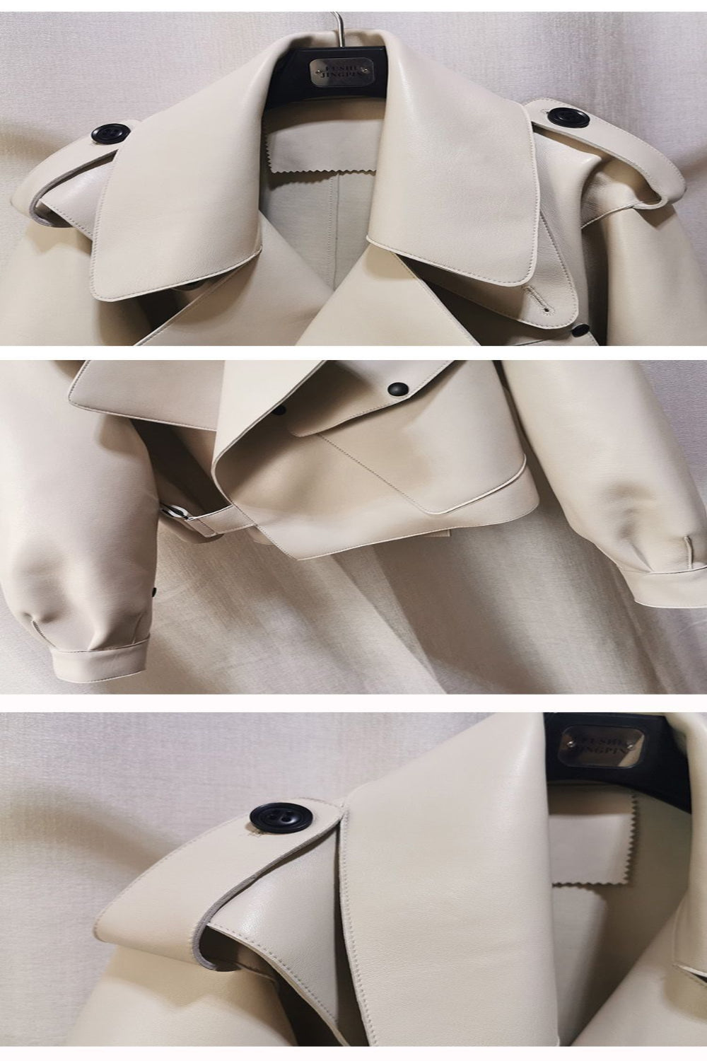 Close-up of a beige trench coat with black buttons on a white background