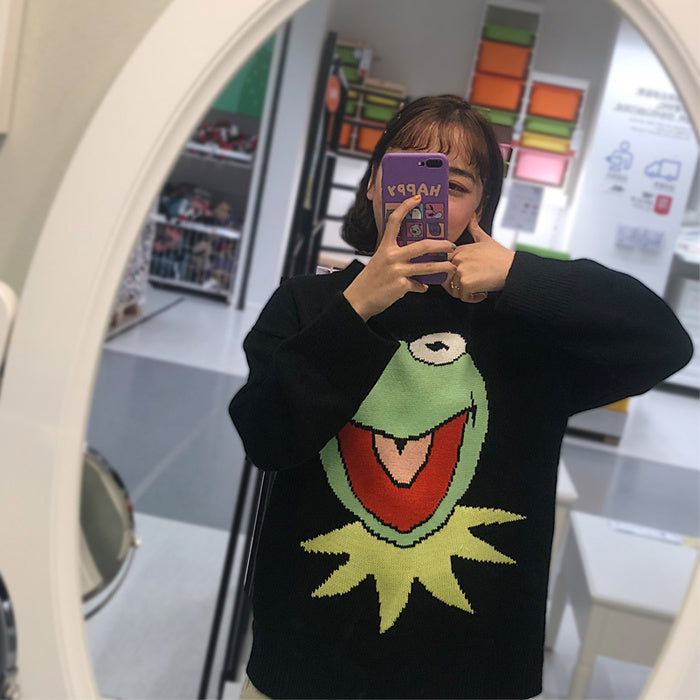 Oversized Frog Knit Crew Neck Sweater for Women – Cute Anime Pullover Aesthetic