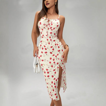 Summer Printed Suspender Split Dress | Flowy Long Dress for Vacations & Casual Outfits