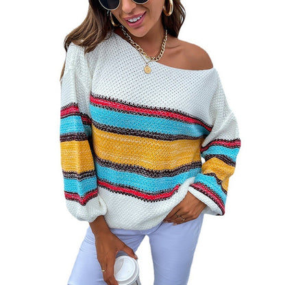 Rainbow Striped Off-Shoulder Oversized Sweaters for Women – Loose Pullover, Cute Street & Winter Outfit