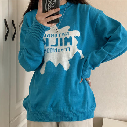 Loose Japanese Cartoon Anime Sweater – Retro Blue Pullover