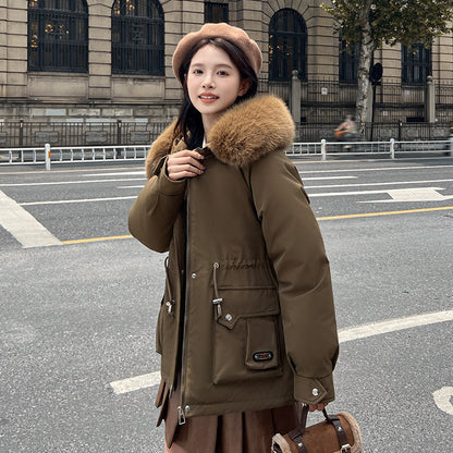 Women’s Waist-Tight Parka – Cozy Loose Fit Winter Coat with Fur Collar & Pockets
