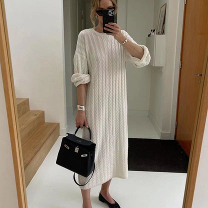 Monochromatic Round Neck Merino Wool Women Long Sweater Dress