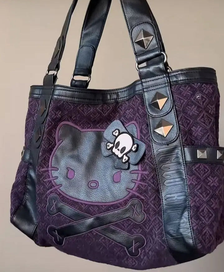 Sanrio Hello Kitty Y2K Vintage Patchwork Purple Armpit Bag – Sweet & Spicy Gothic Trend Handbag, Versatile Tote for Subculture Girls