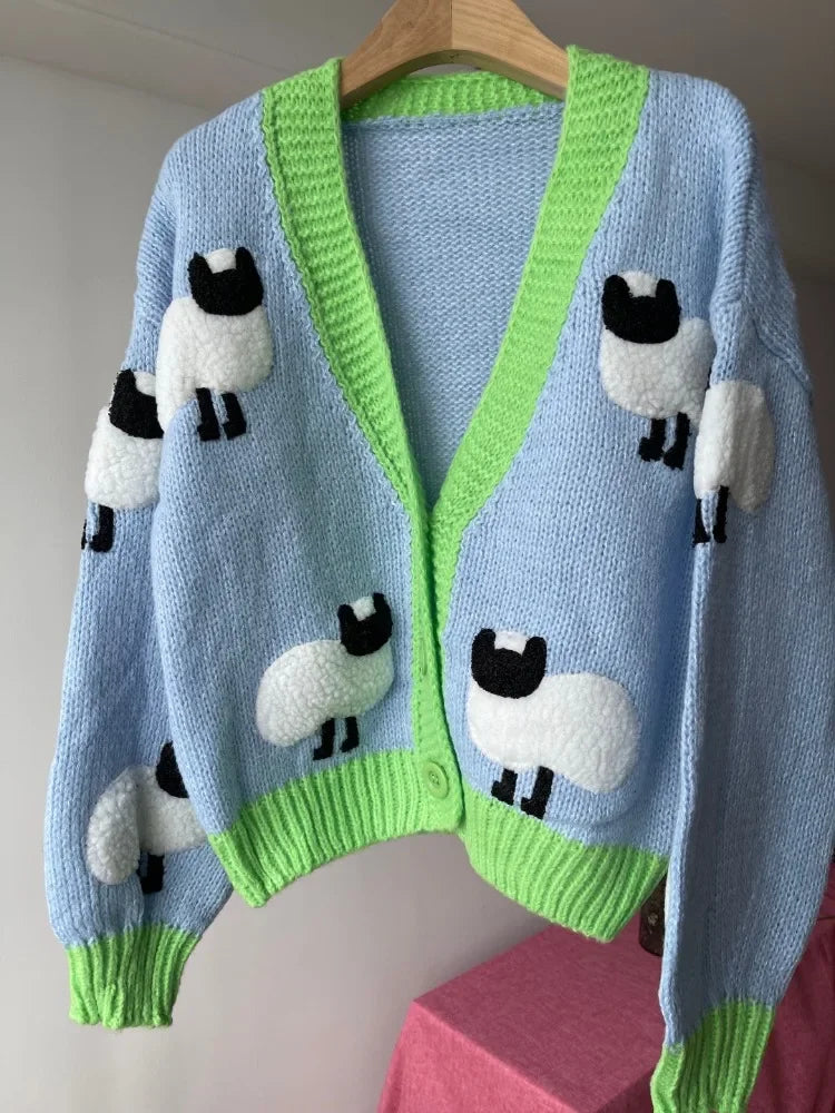 Chunky Sheep Crochet Cardigan – V-Neck Autumn Sweater – 4Colordress