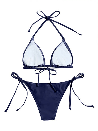 Sexy Navy Blue Thong Bikini Set for Women - 2-Piece Triangle Bandage Swimsuit, Beachwear