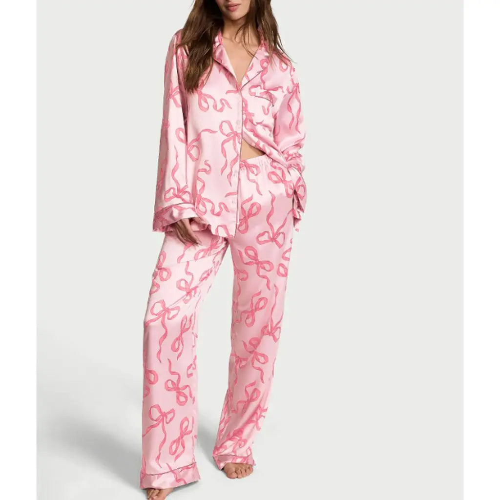 Women's Satin Pajama Set – 2-Piece Star Print Loungewear with Lapel Shirt & Elastic Waist Pants